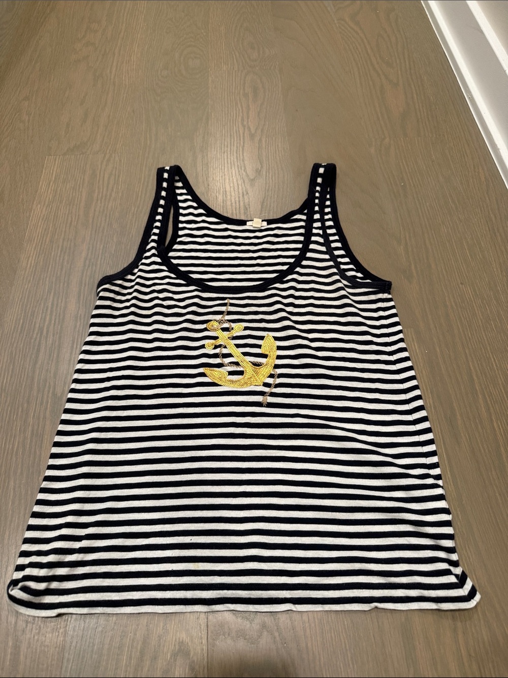 J. Crew Navy and White Striped Tank with Gold Anchor